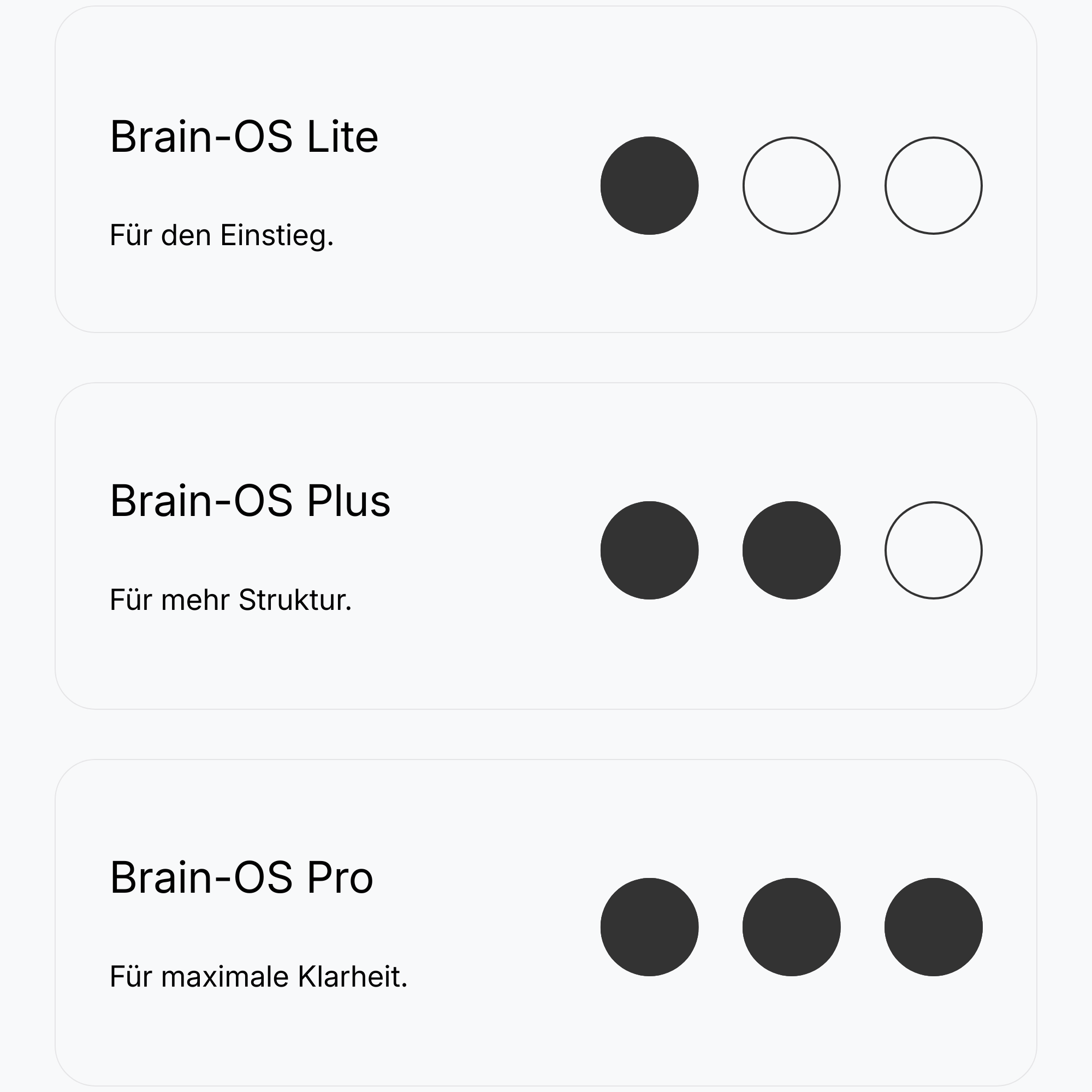 Minimalistische Darstellung einzelner Brain-OS Funktionsbausteine im Überblick.
