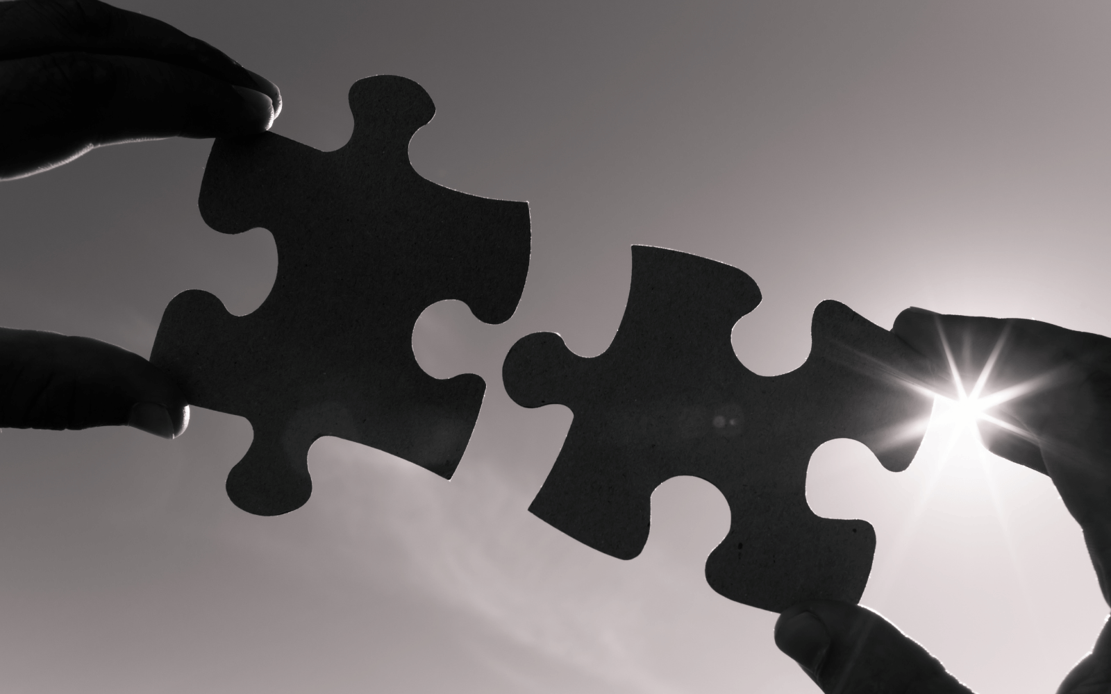Zwei schwarze Puzzleteile greifen ineinander als Symbol für Verbindung.