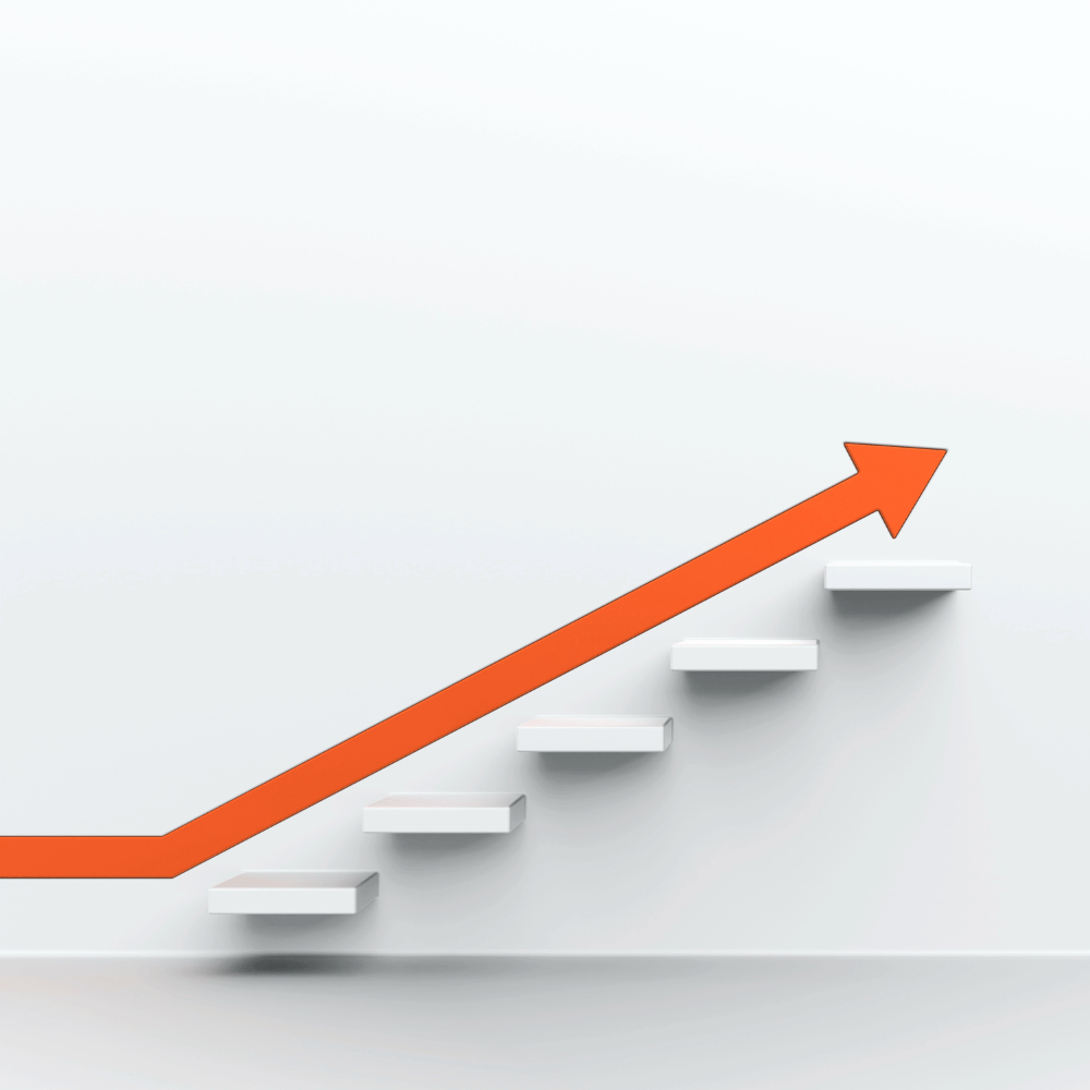 Roter Pfeil steigt Stufe für Stufe nach oben und symbolisiert Fortschritt und Wachstum.