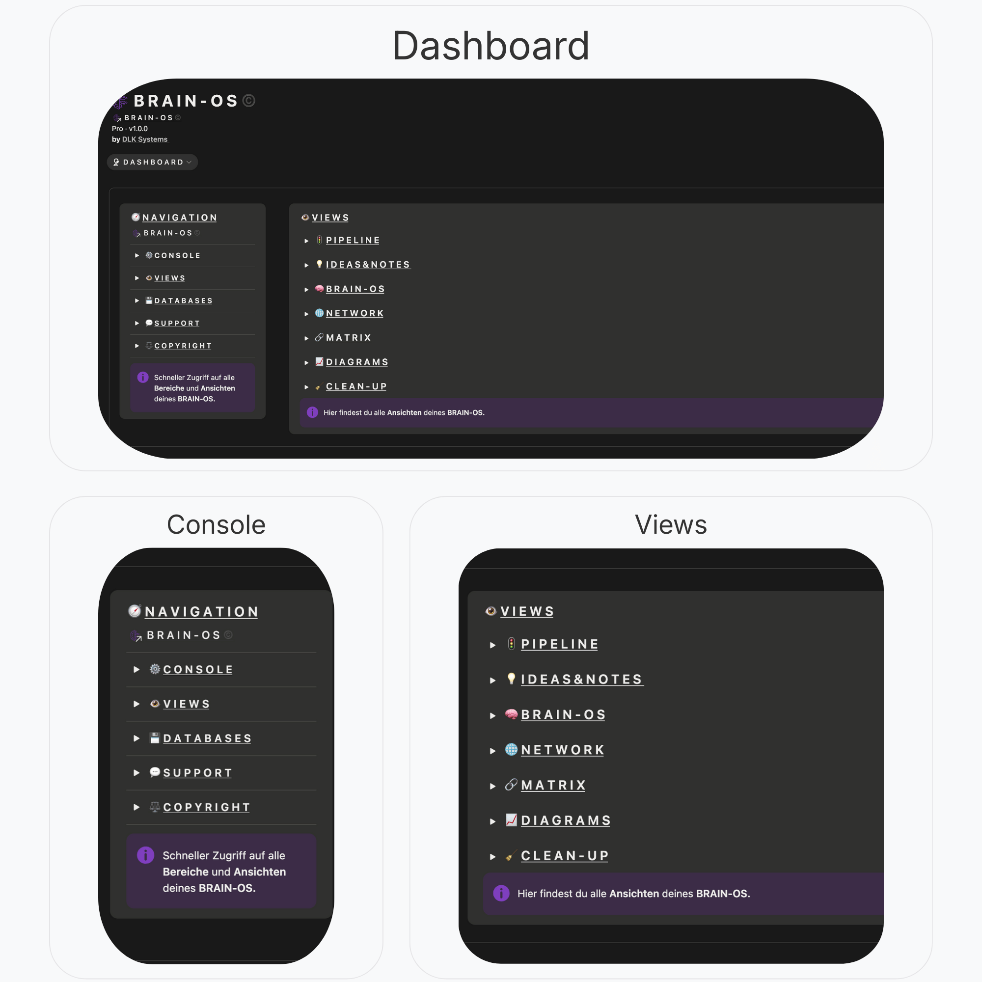 Navigationsansichten des Brain-OS Systems in kompakten UI-Layouts.