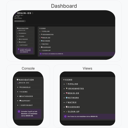 Navigationsansichten des Brain-OS Systems in kompakten UI-Layouts.